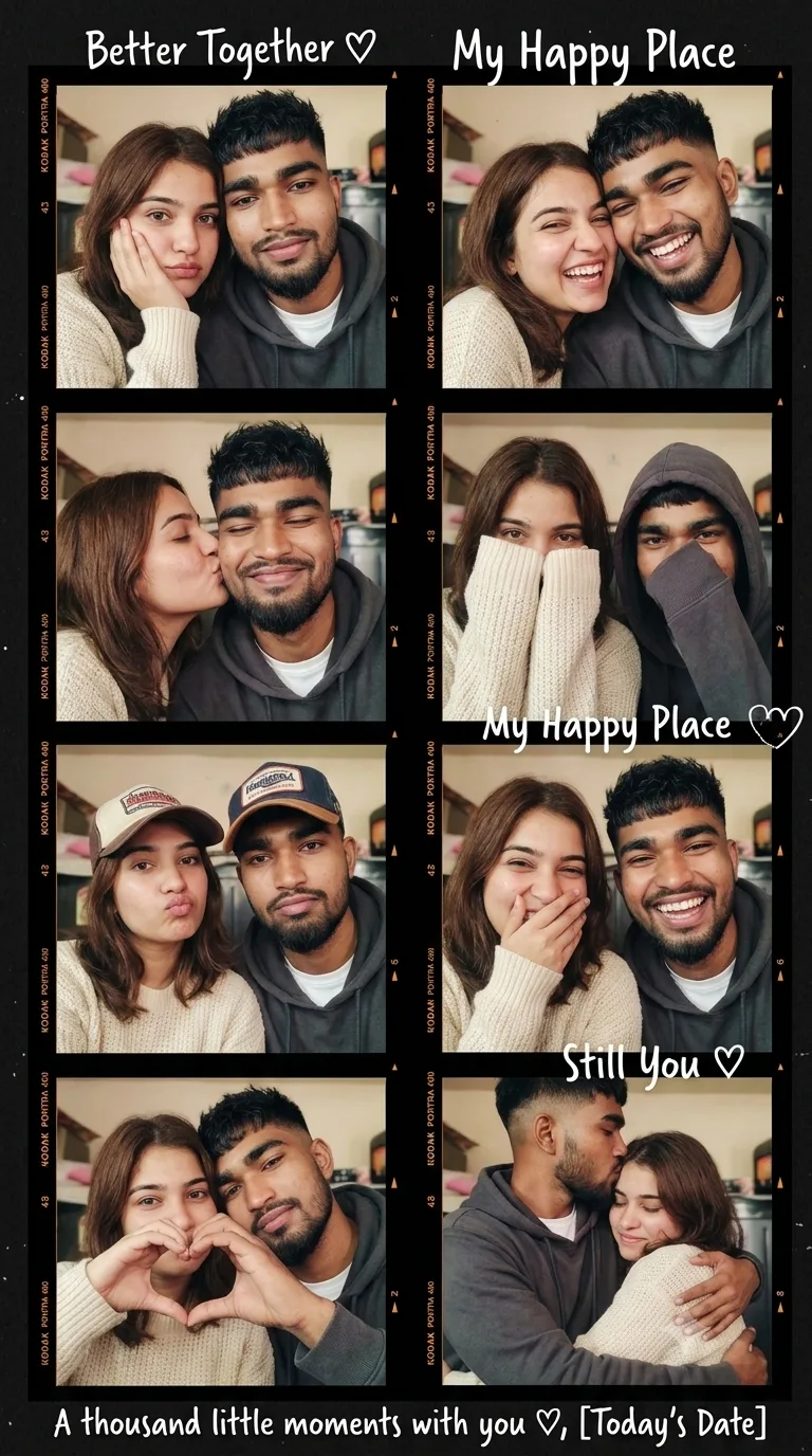 Create an ultra-realistic vertical 2×4 photobooth contact-sheet collage of the same adorable young couple across all 8 frames.