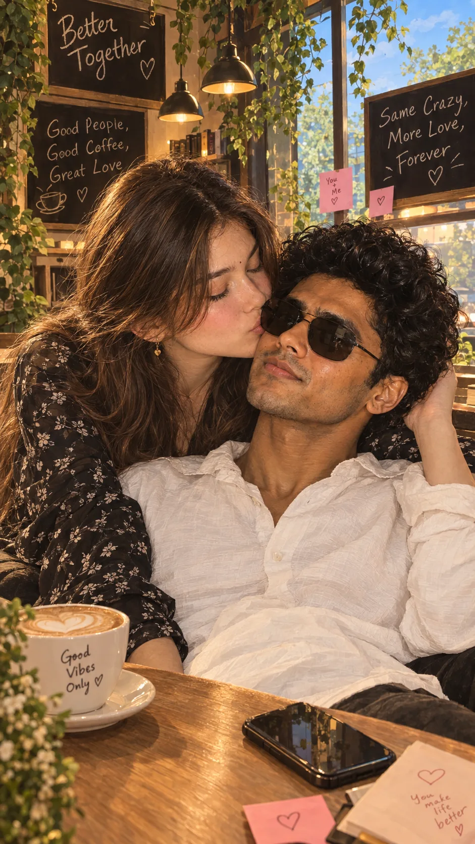 Create an ultra-detailed romantic couple illustration in a polished semi-realistic digital art style, inspired by modern Korean/Indian