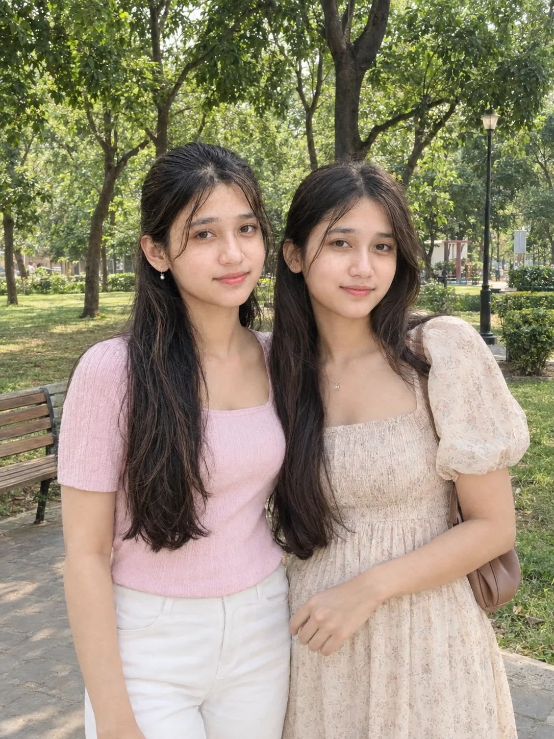 Ultra realistic photograph of two young women standing together in a park during daytime, shot on a real DSLR camera.