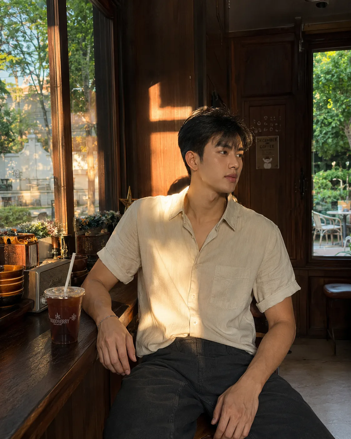 **Prompt:** Create an **ultra-realistic, premium cinematic café lifestyle-fashion photograph** of a stylish young male casually seated