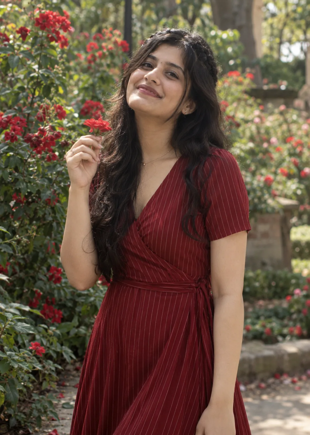 Create a natural, ultra-realistic DSLR portrait of the same young woman from the reference image, vertical 5:7 composition.