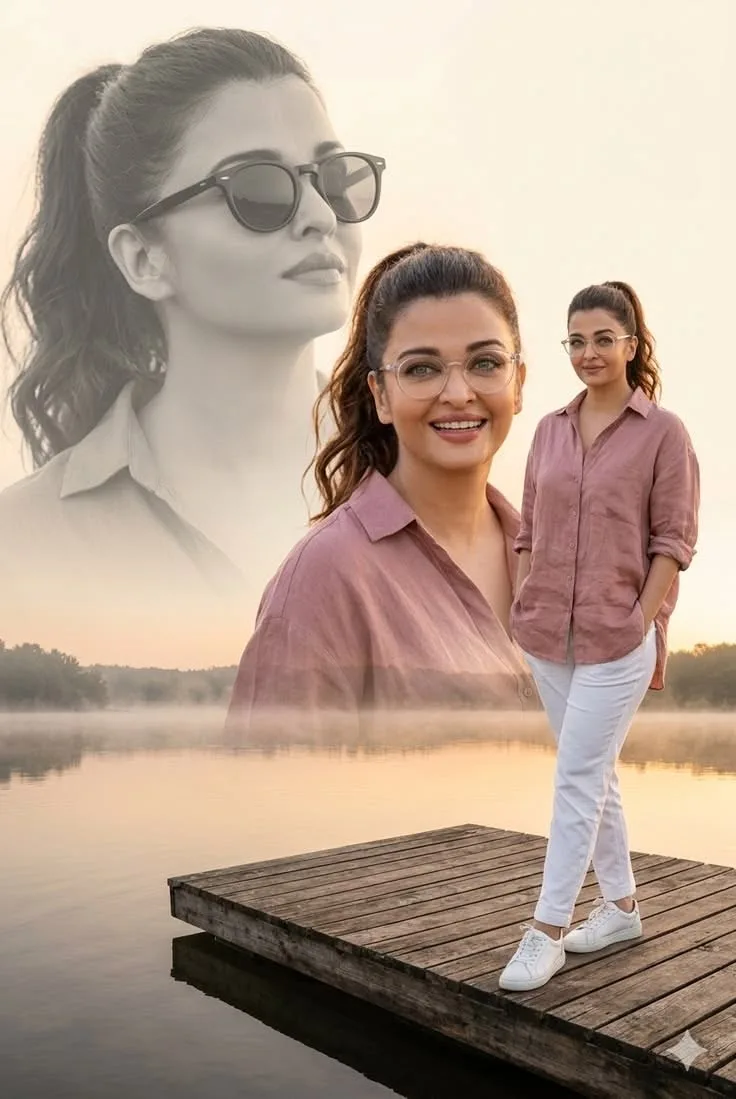 A high-end triple exposure portrait composition of a beautiful South Asian woman with a high ponytail, set against a serene misty lake at