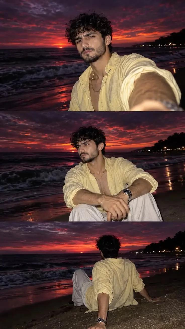 { "design_type": "cinematic_triptych_beach_portrait", "aspect_ratio": "9:16", "layout": { "format": "three vertically stacked photographs",
