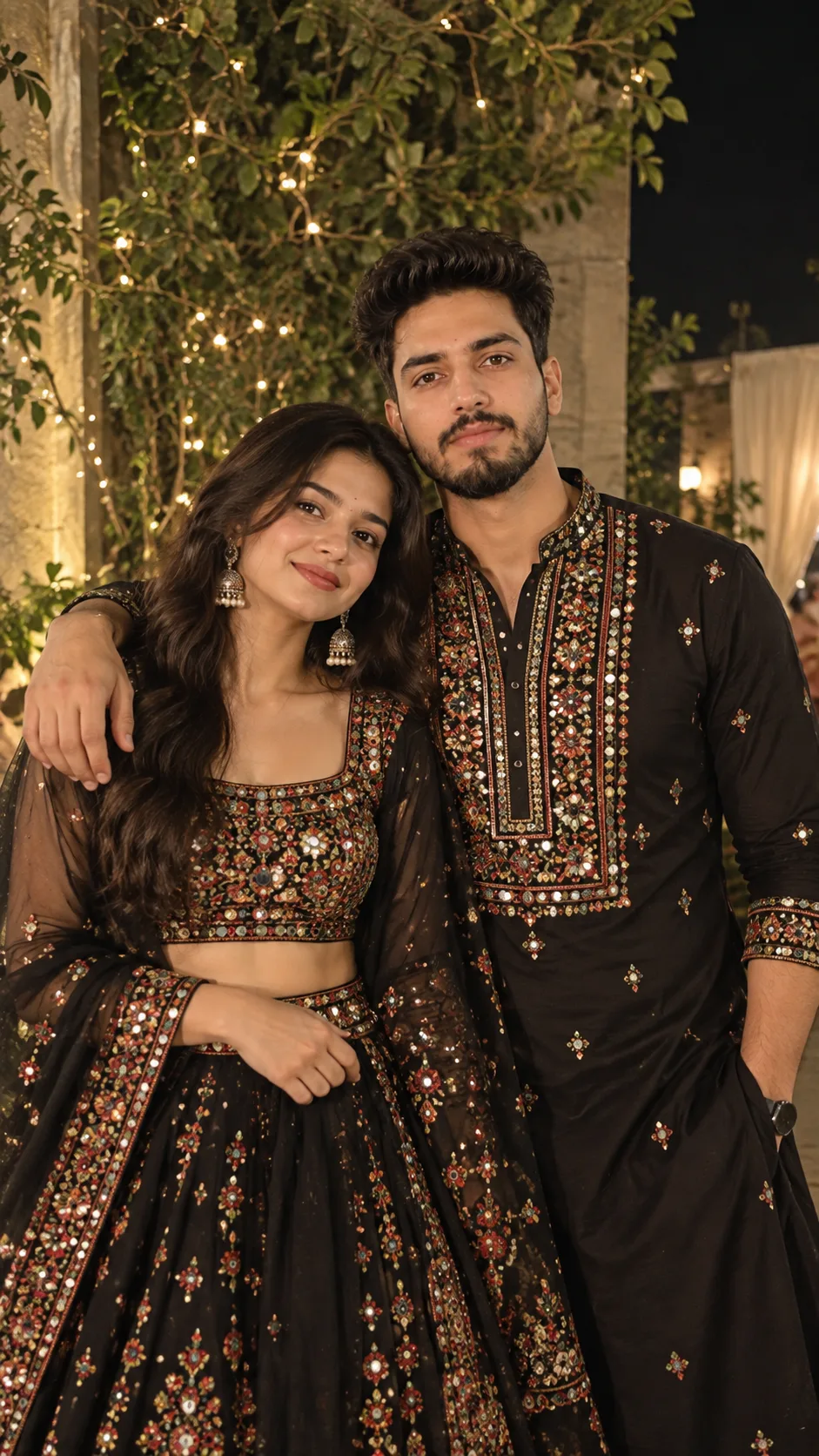 Create a high-quality portrait of a young Indian couple ( Same face as attached images ) standing close together, smiling warmly at the