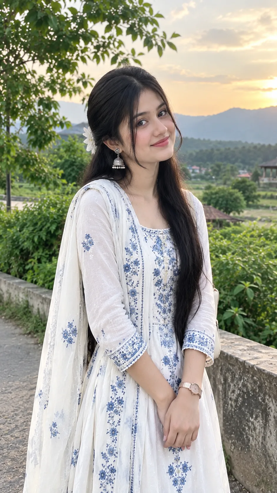 A beautiful young South Asian woman standing gracefully on a scenic mountain viewpoint during golden hour, wearing an elegant white