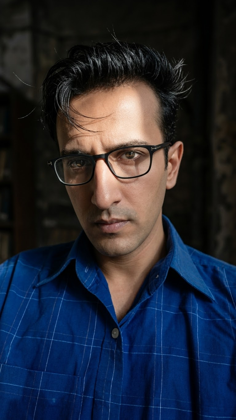 A close-up 8K ultra-realistic portrait of a man with fair skin, windswept black hair, diagonal natural light highlighting his gaze and