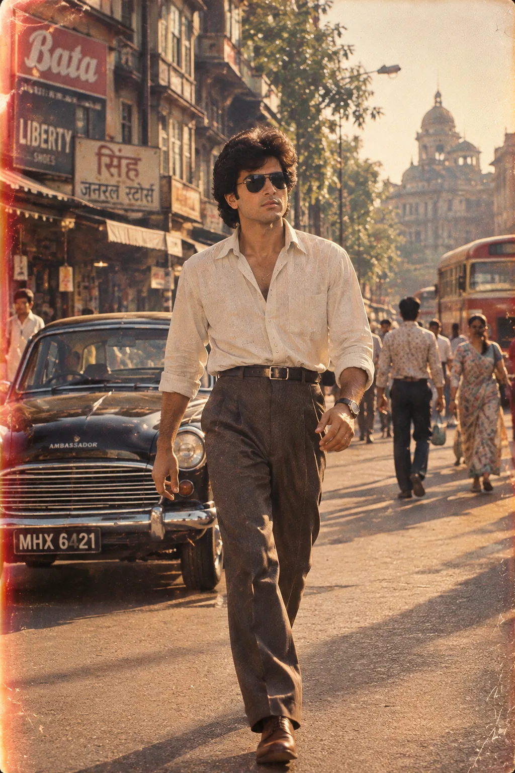Photorealistic cinematic 1980s Bollywood-inspired scene of a young person confidently walking toward the camera on an old Indian city