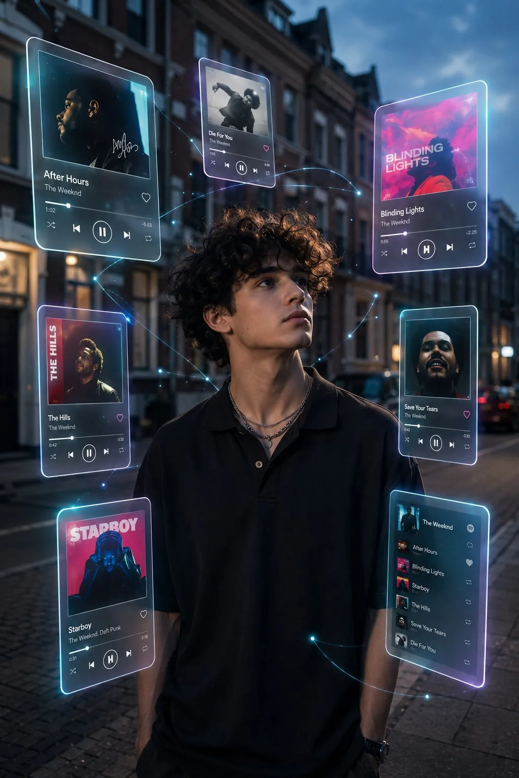 A cinematic ultra-realistic 4K vertical portrait of a stylish young man standing confidently on a quiet residential street during blue-hour