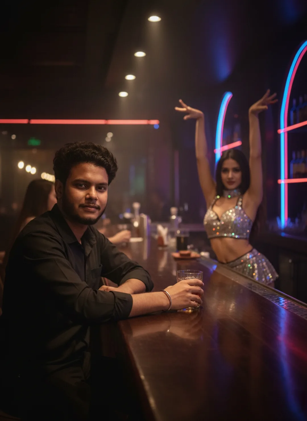 A photorealistic cinematic scene inside a dimly lit upscale nightclub or lounge bar.
