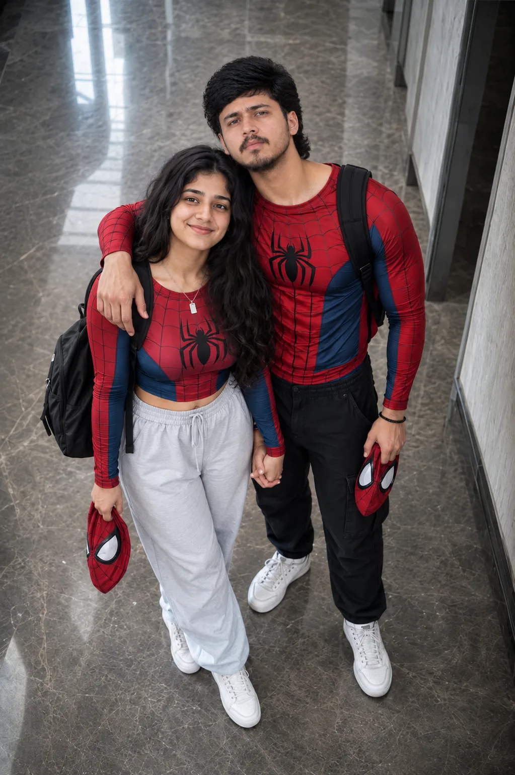 Create an ultra-realistic cinematic full-body couple photograph of a young South Asian couple standing together inside a modern polished