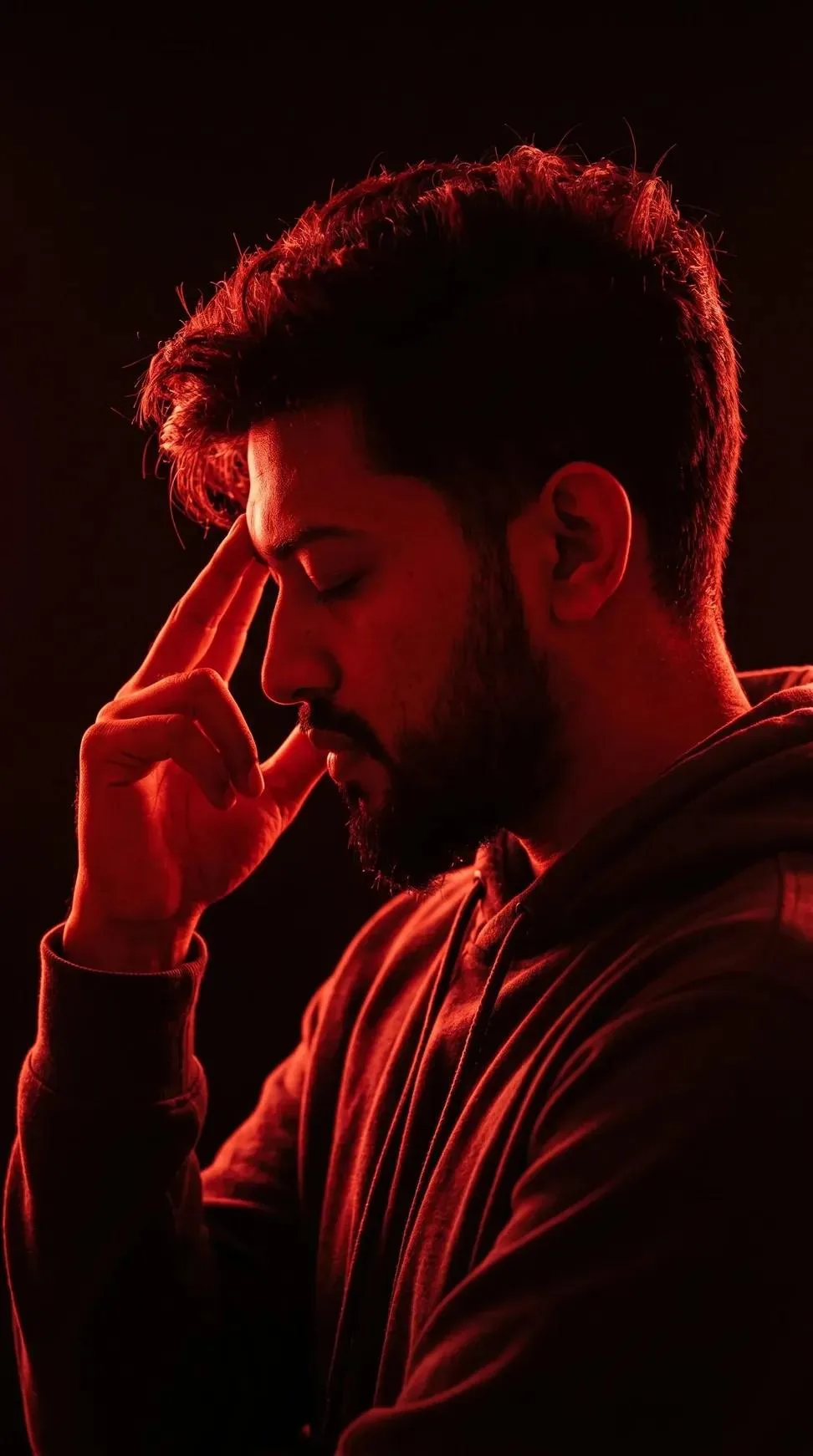 Generate an Ultra-cinematic dramatic red silhouette portrait of a young man in side profile, captured from the shoulders up, standing in a
