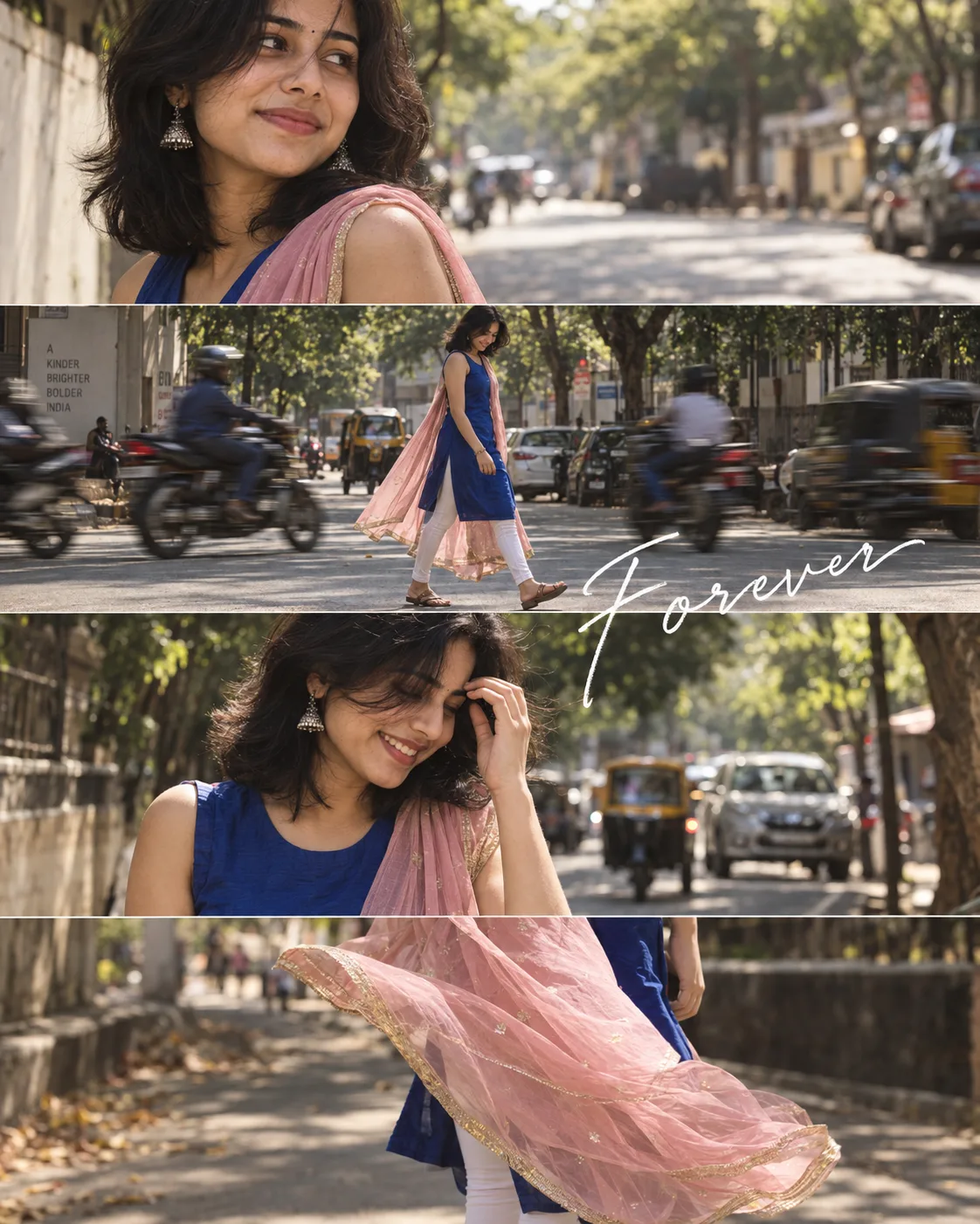 Cinematic four-panel vertical street-photography collage featuring the same young South Indian woman with dark shoulder-length hair, silver