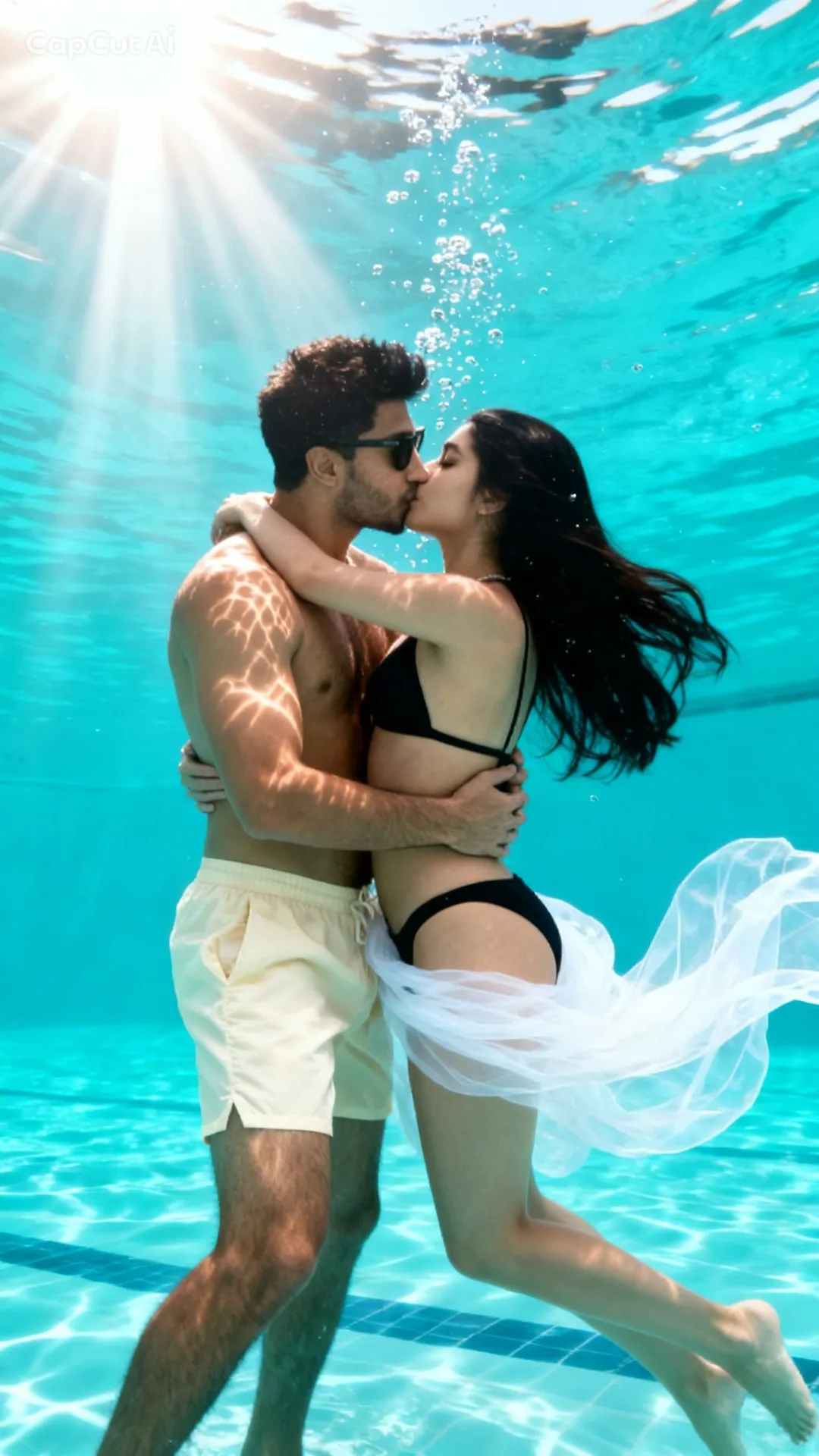 Cinematic underwater photography of a romantic couple embracing and kissing.