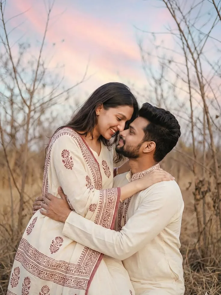 A photorealistic vertical medium-full shot in 3:4 aspect ratio capturing the young South Asian couple from the reference images in an open
