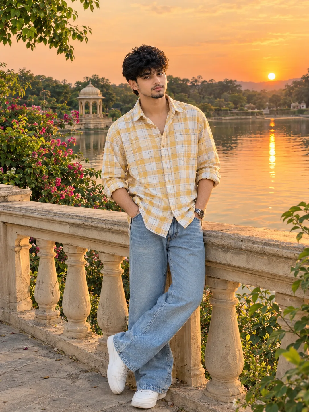 Ultra realistic photograph of a stylish young Indian man standing casually beside an elegant stone railing overlooking a peaceful lakeside