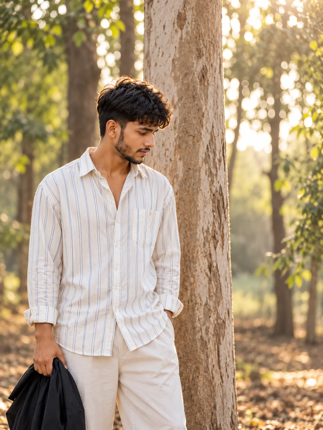 Ultra-realistic professional DSLR photograph of a young man standing outdoors beside a tall pale-barked tree in a quiet wooded setting,