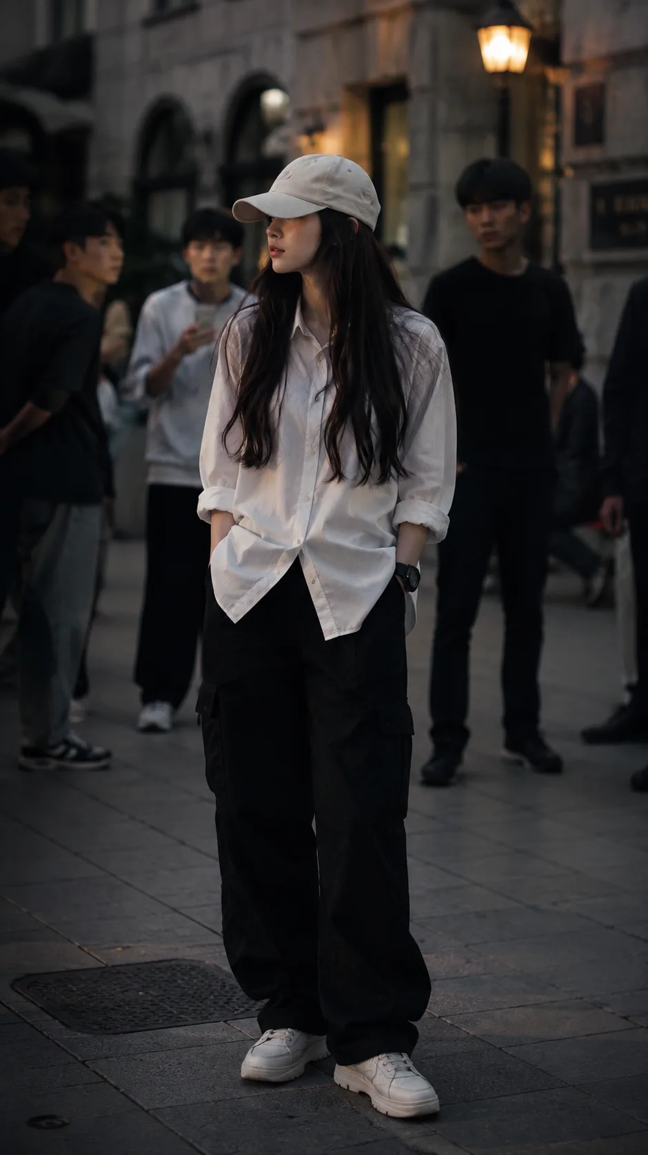 Prompt: > Create a full-body, ultra-realistic cinematic portrait of a stylish young woman with a cool tomboy aesthetic.