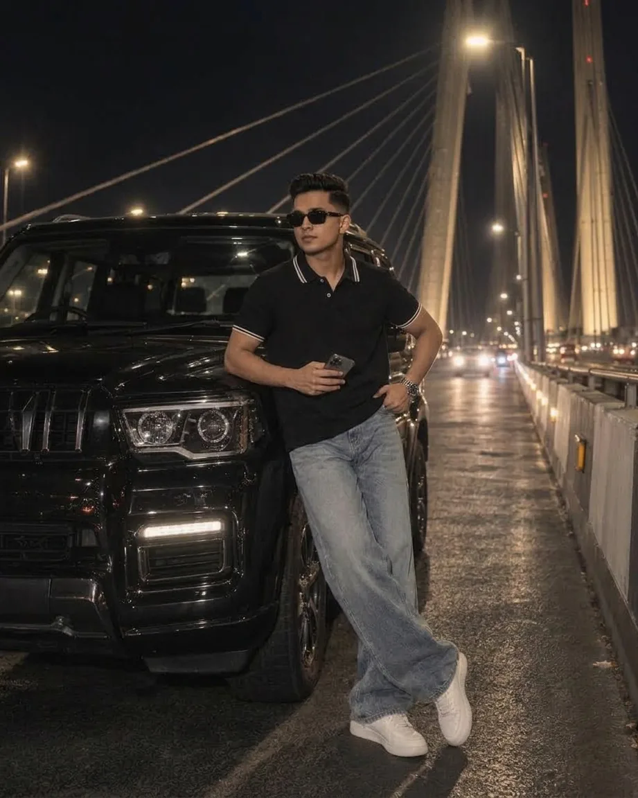Ultra-realistic cinematic night portrait of a stylish young man casually leaning against a premium black SUV on a modern cable-stayed