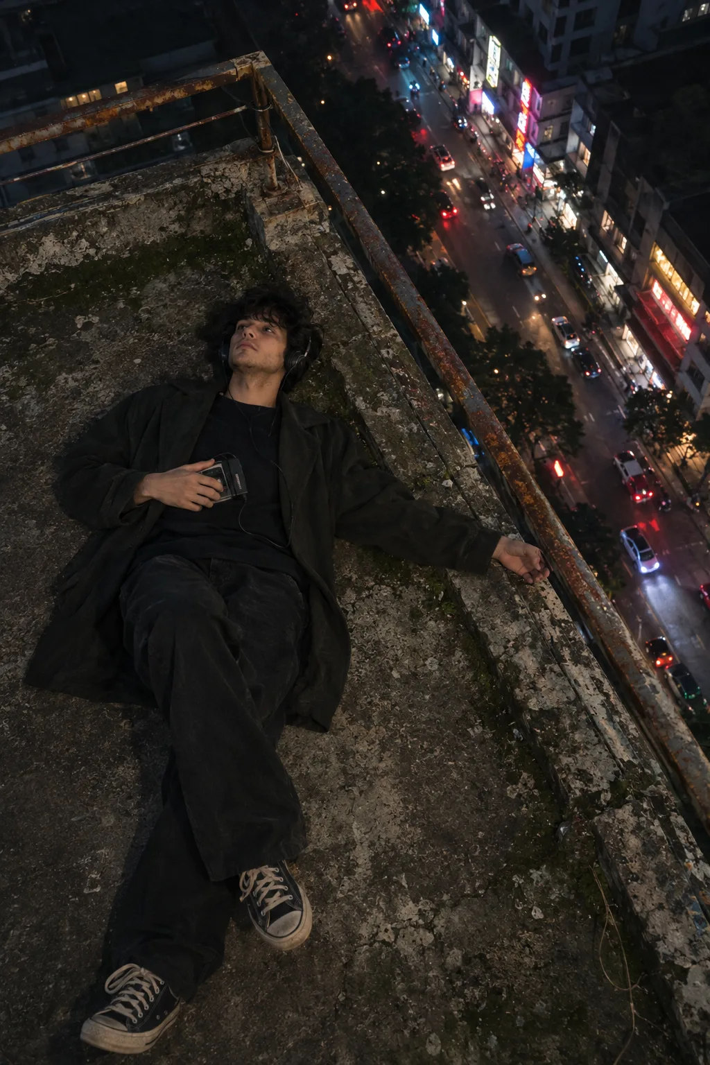 Create a photo of a young man(mtach face) lying on the edge of a weathered concrete rooftop at night, viewed from above near the corner of