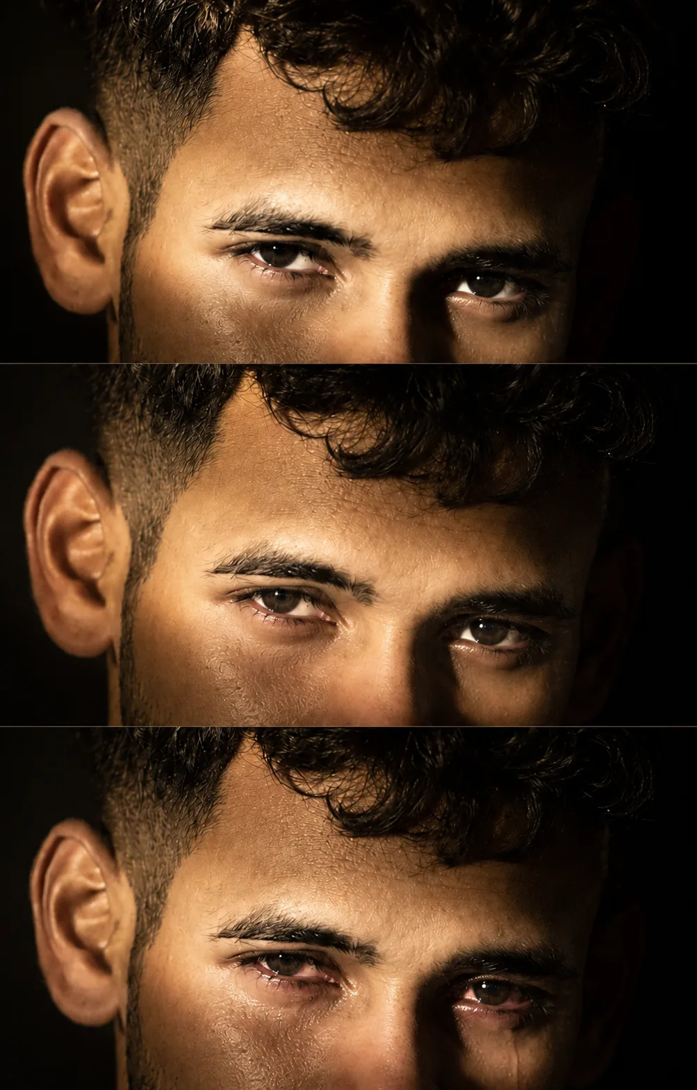 Create an ultra-photorealistic cinematic three-panel vertical portrait focused entirely on the subject’s eyes and upper face, using the