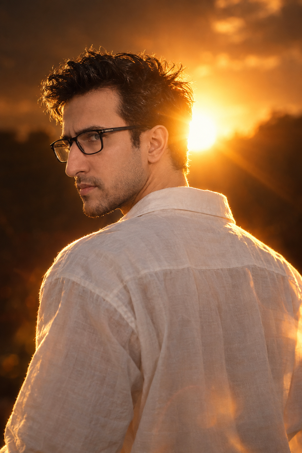Ultra-realistic cinematic portrait of a young man standing with his back toward the camera, wearing a loose white oversized shirt.