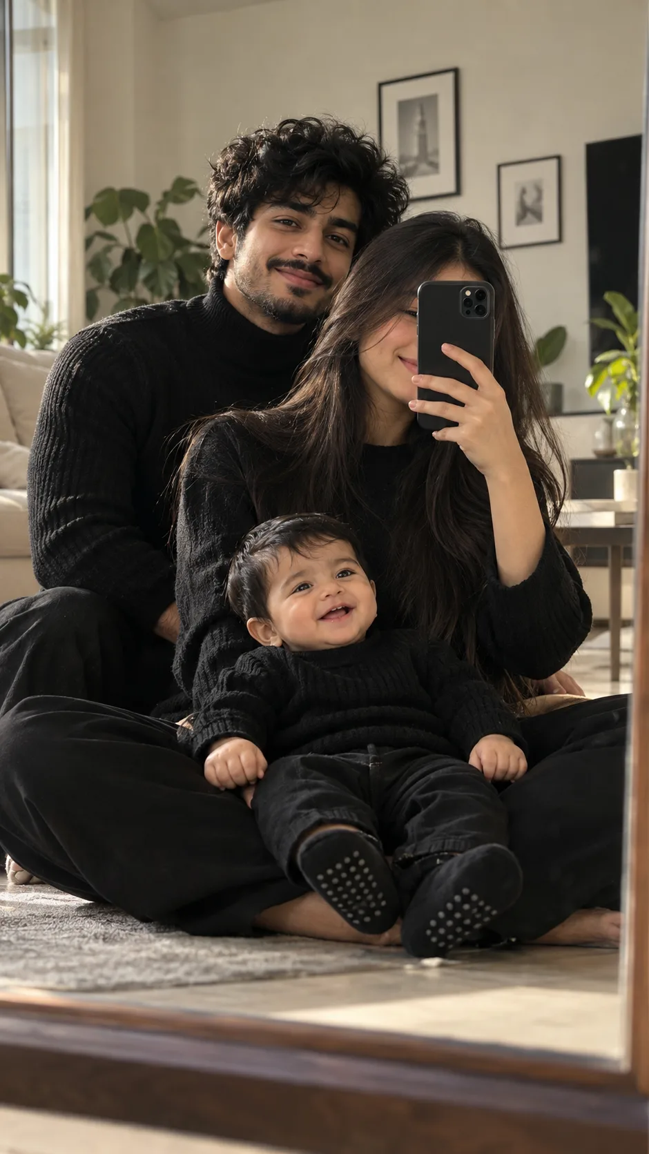A COZY, CANDID MIRROR SELFIE OF A HAPPY YOUNG FAMILY IN A MINIMALIST MODERN LIVING ROOM.