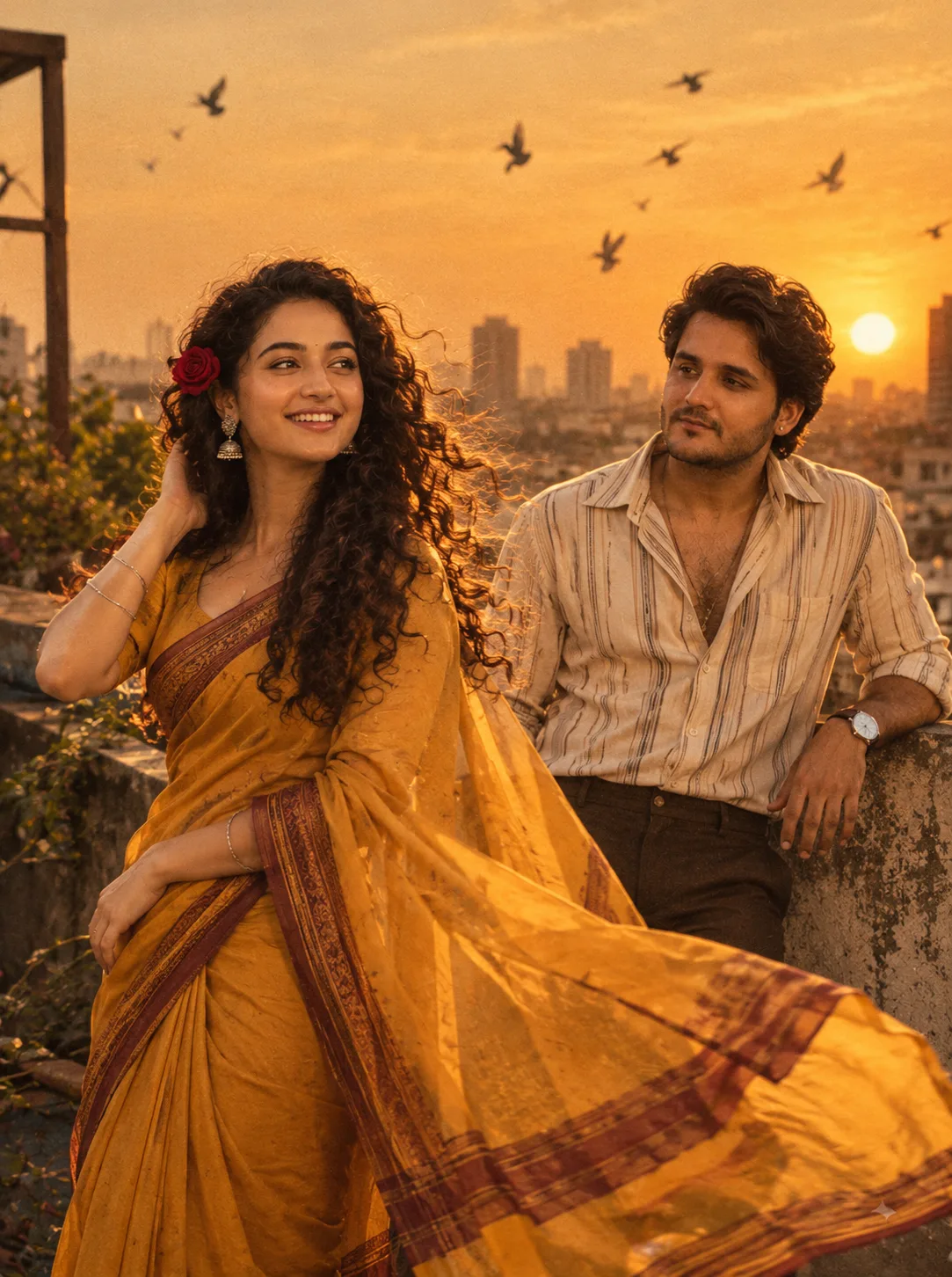 Create a retro, cinematic-inspired image — grainy and golden — where the girl is dressed in a mustard yellow saree with a deep border, hair