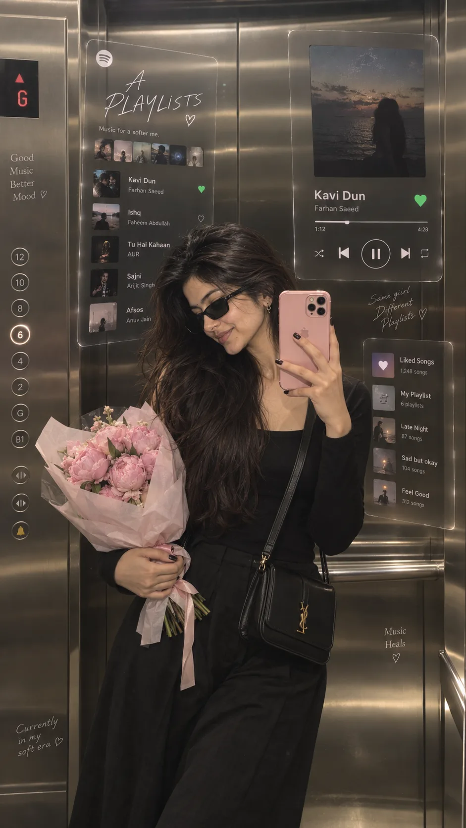 Prompt: A PLAYLISTS Ultra-realistic mirror selfie using my uploaded photo with 100% facial accuracy, cute woman in a metallic elevator