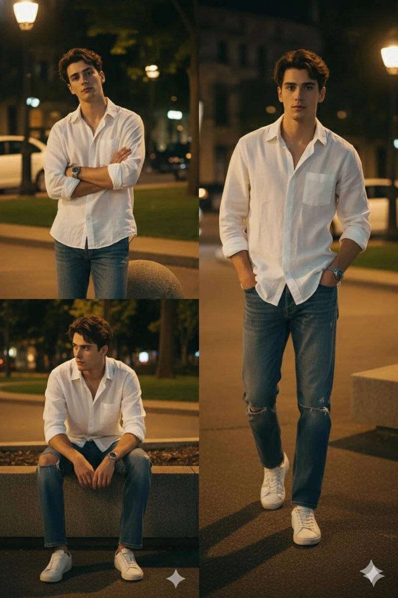 A handsome young man with dark, wavy hair, wearing a relaxed white linen shirt and distressed blue jeans, is sitting on a large grey stone