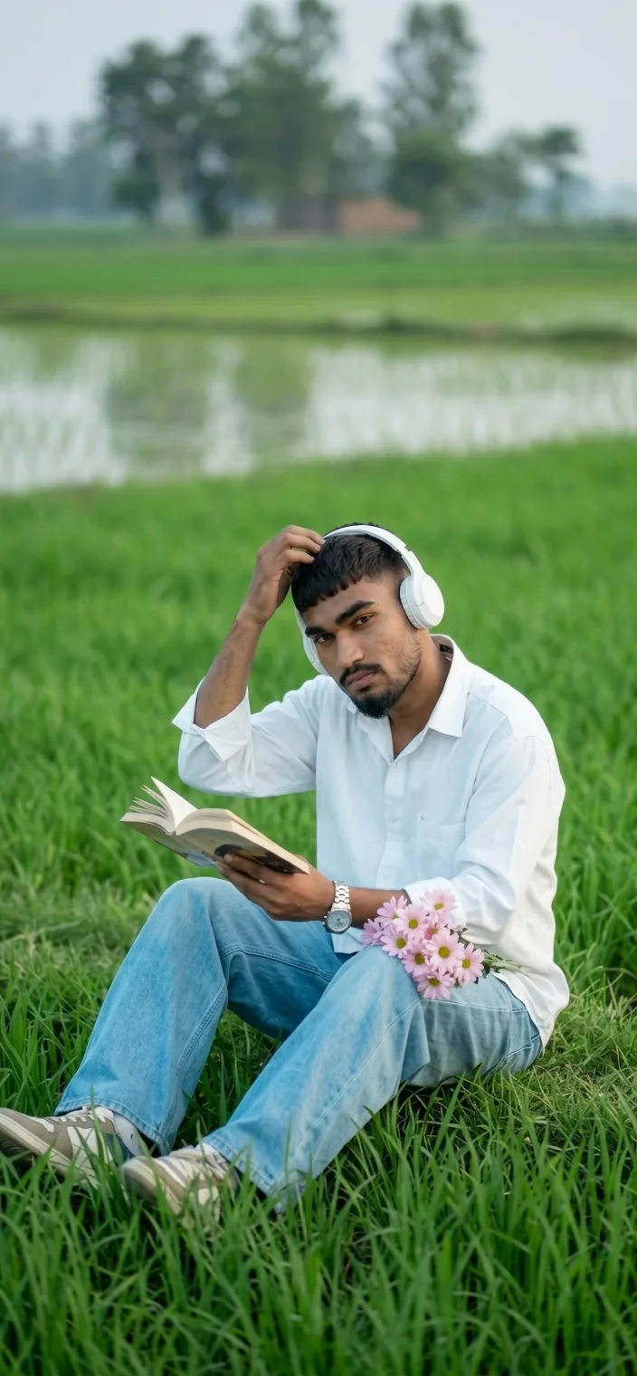 Candid Outdoor Portrait of Young Man Reading in Lush Green Field