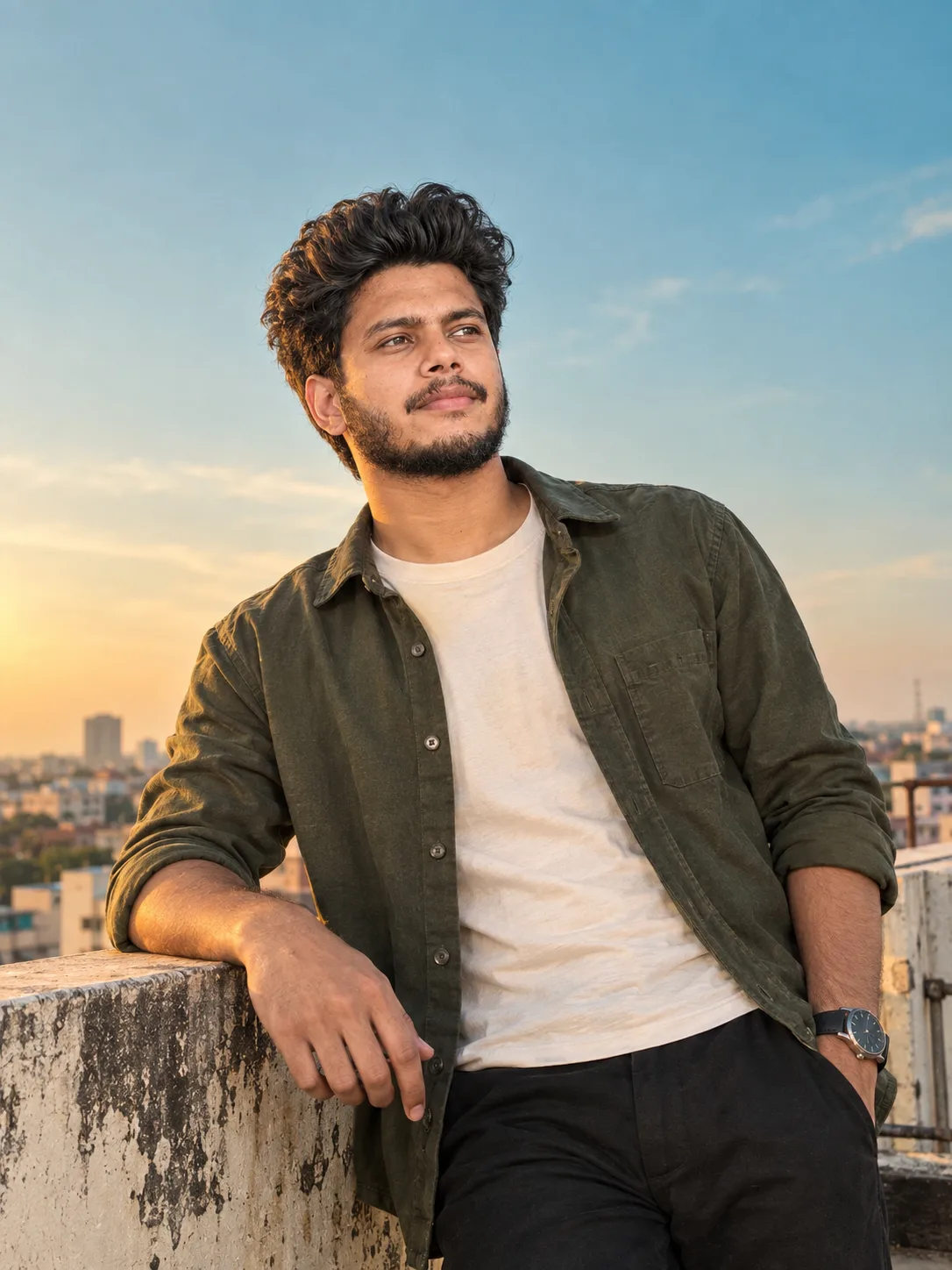 A young South Asian man in his mid-20s with wavy dark curly hair, light stubble beard, and soft contemplative expression looking slightly