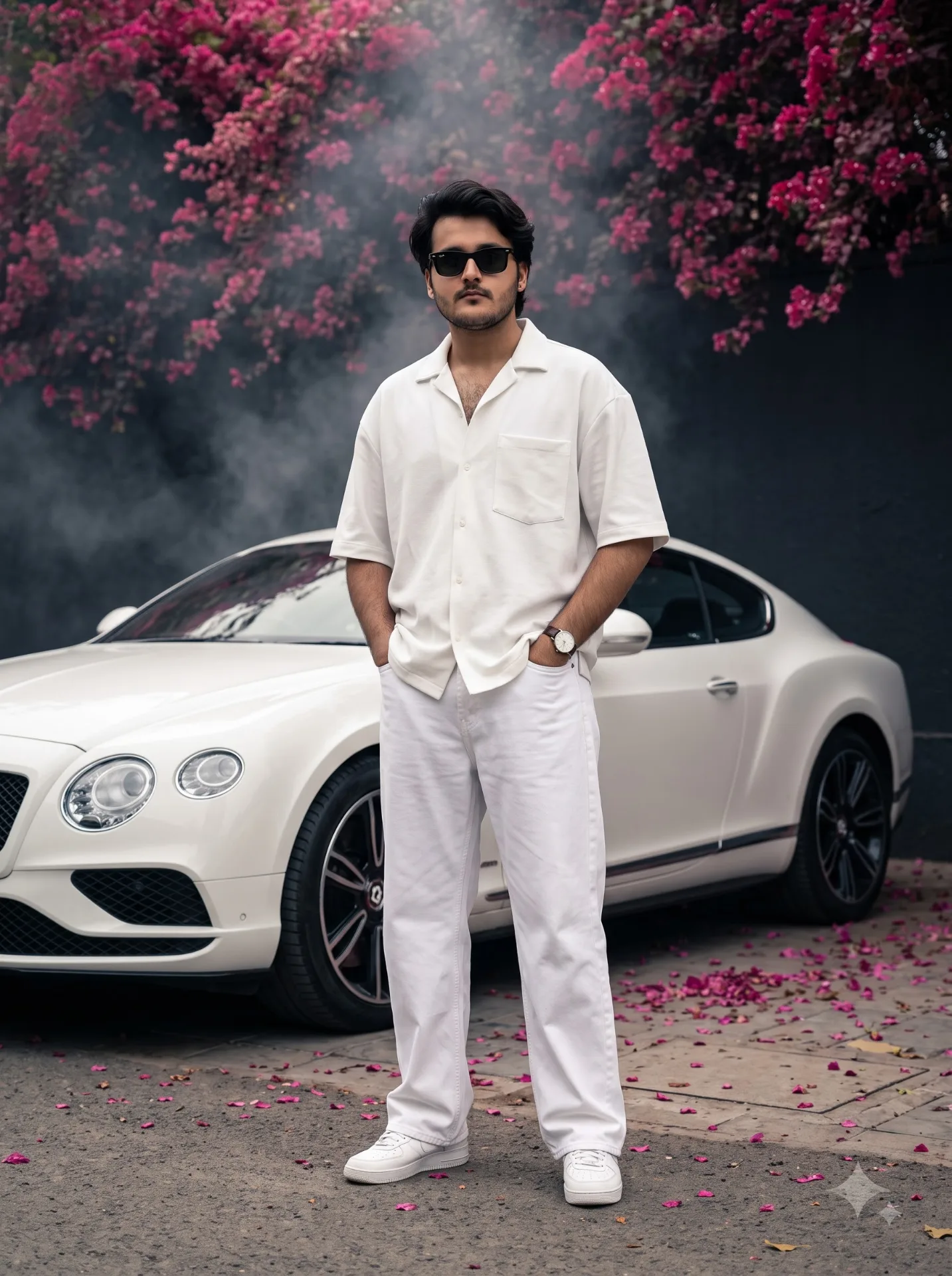 Ultra-realistic full-body cinematic portrait of a stylish young man standing confidently in front of a luxury white sports coupe.