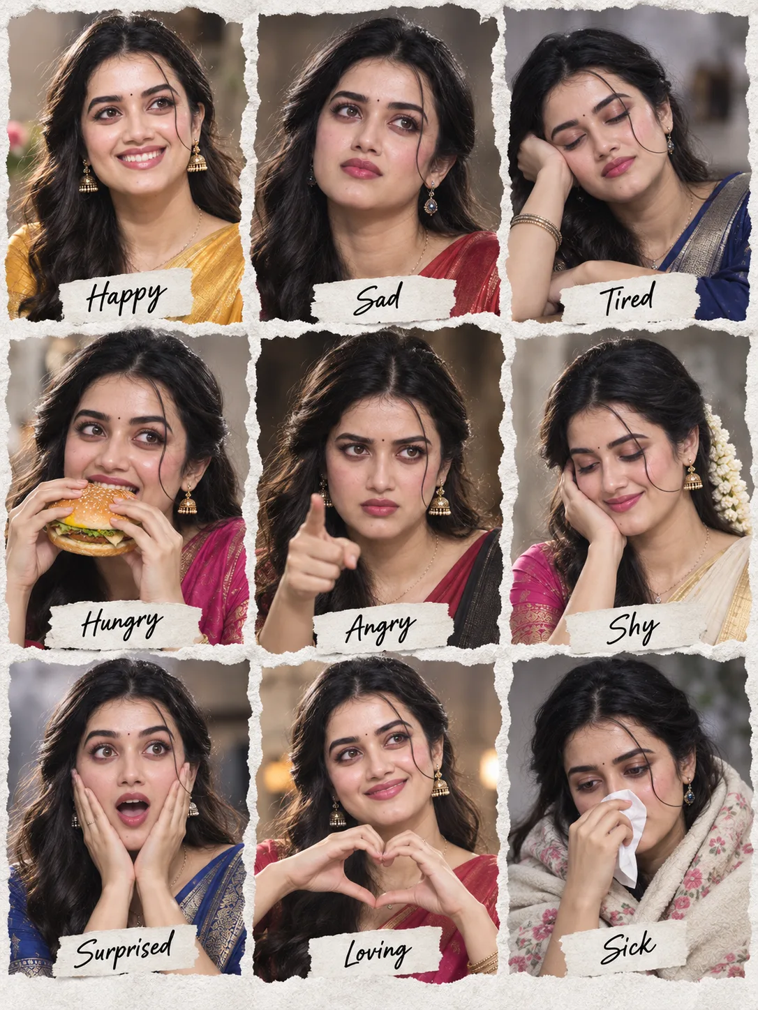 Create an ultra-premium emotional expression co lage poster in a strict 3:4 aspect ratio featuring the same beautiful young South Indian