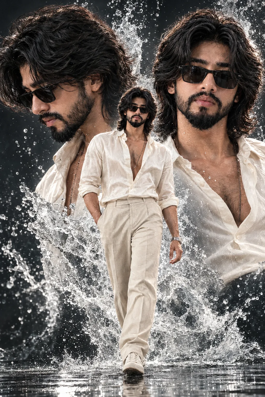 A high-fashion multi-exposure photo composite on a dark background.