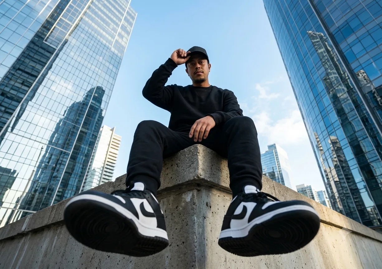 2-Create an ultra-realistic cinematic streetwear portrait of a man sitting on the edge of a concrete structure in the middle of a modern