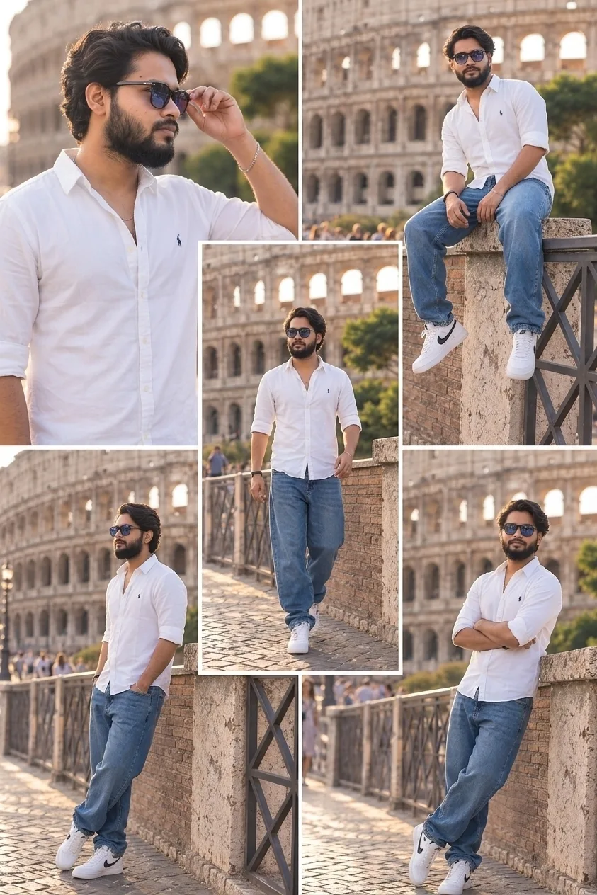 Photorealistic cinematic collage of a handsome 30-year-old South Asian man with short dark wavy hair, trimmed full beard, and sunglasses,
