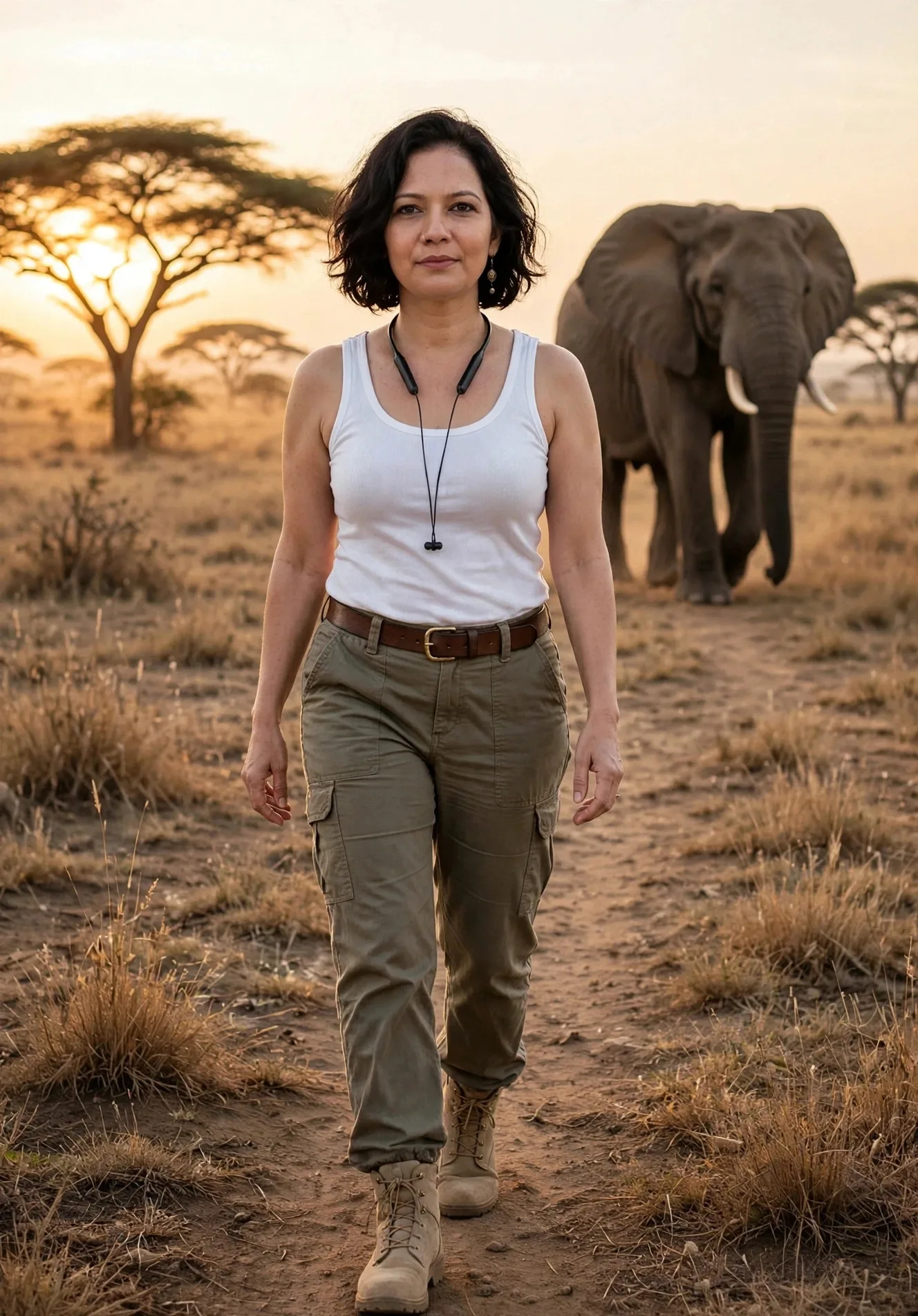 A photorealistic full-body image of a South Asian woman in her late 30s with a short, wavy black bob haircut, light fair skin tone, natural