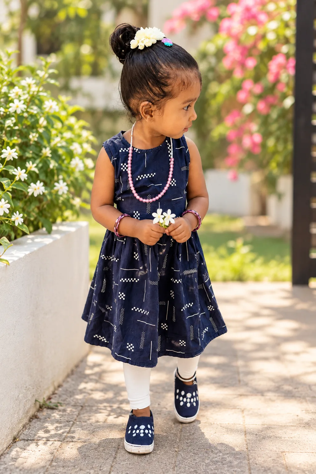 Create a highly realistic professional outdoor portrait of a cute young South Asian girl in a beautiful garden setting.