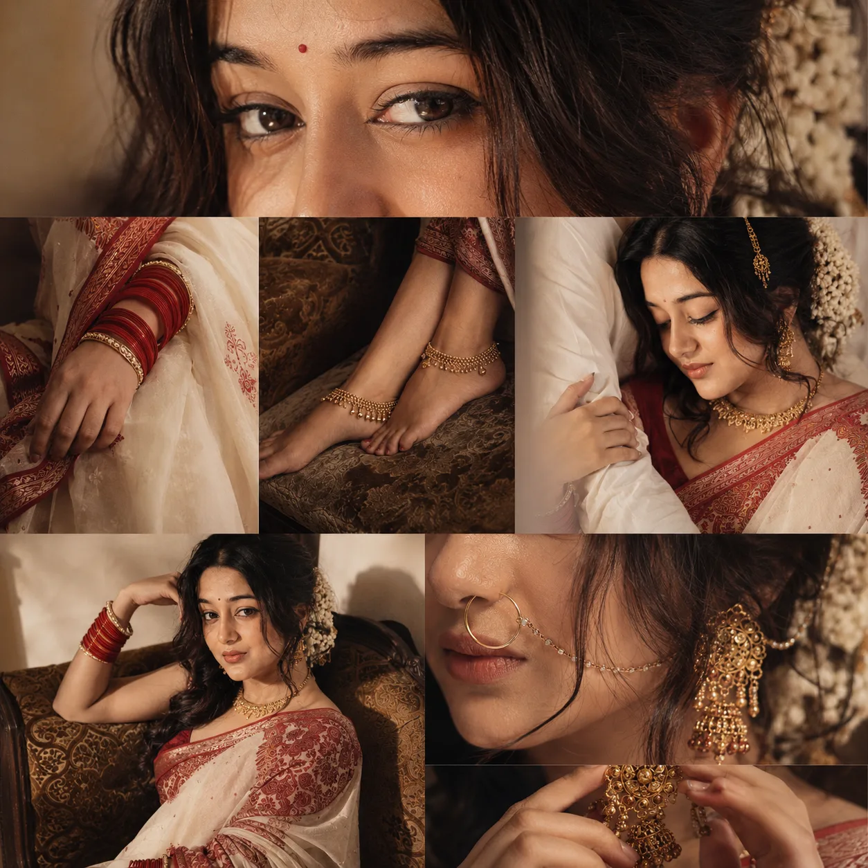 Create a highly photorealistic **editorial Bengali bridal portrait collage** using the uploaded user photo as the **ONLY source of the main