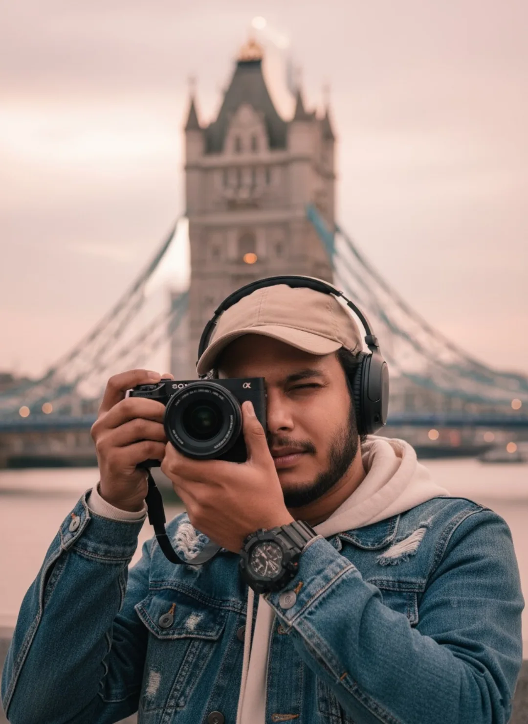 A young South Asian man with a short beard and mustache stands in the foreground, holding a black Sony Alpha mirrorless camera up to his