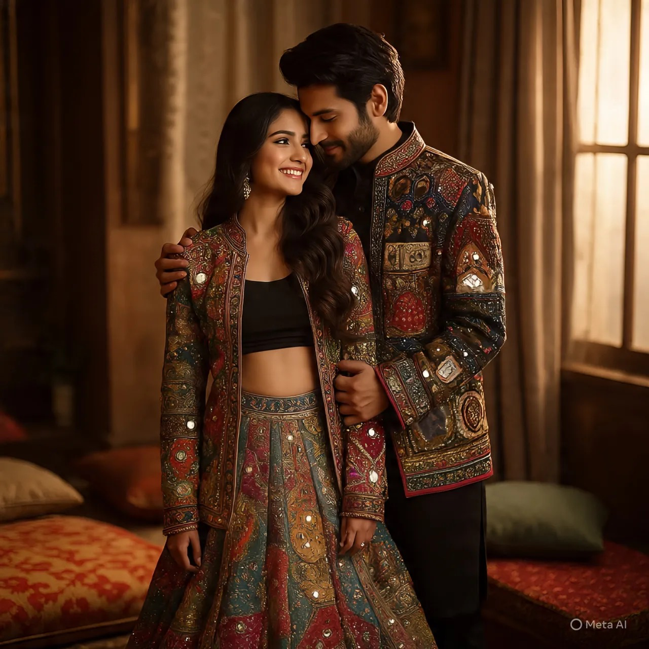 "Ultra-detailed 8K photorealistic image of an Indian couple standing very close, the boy gently wrapping his arm around the girl’s shoulder
