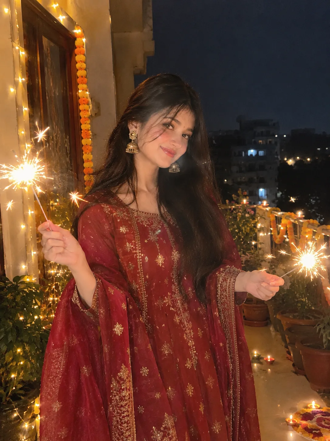 Create a photorealistic Diwali night photograph using the uploaded face photo as the STRICT identity reference.