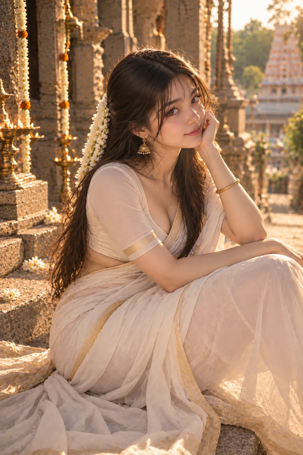 Create ultra-realistic cinematic photographs of Sofia, a young adult Indian virtual creator, in the same elegant white saree with a subtle