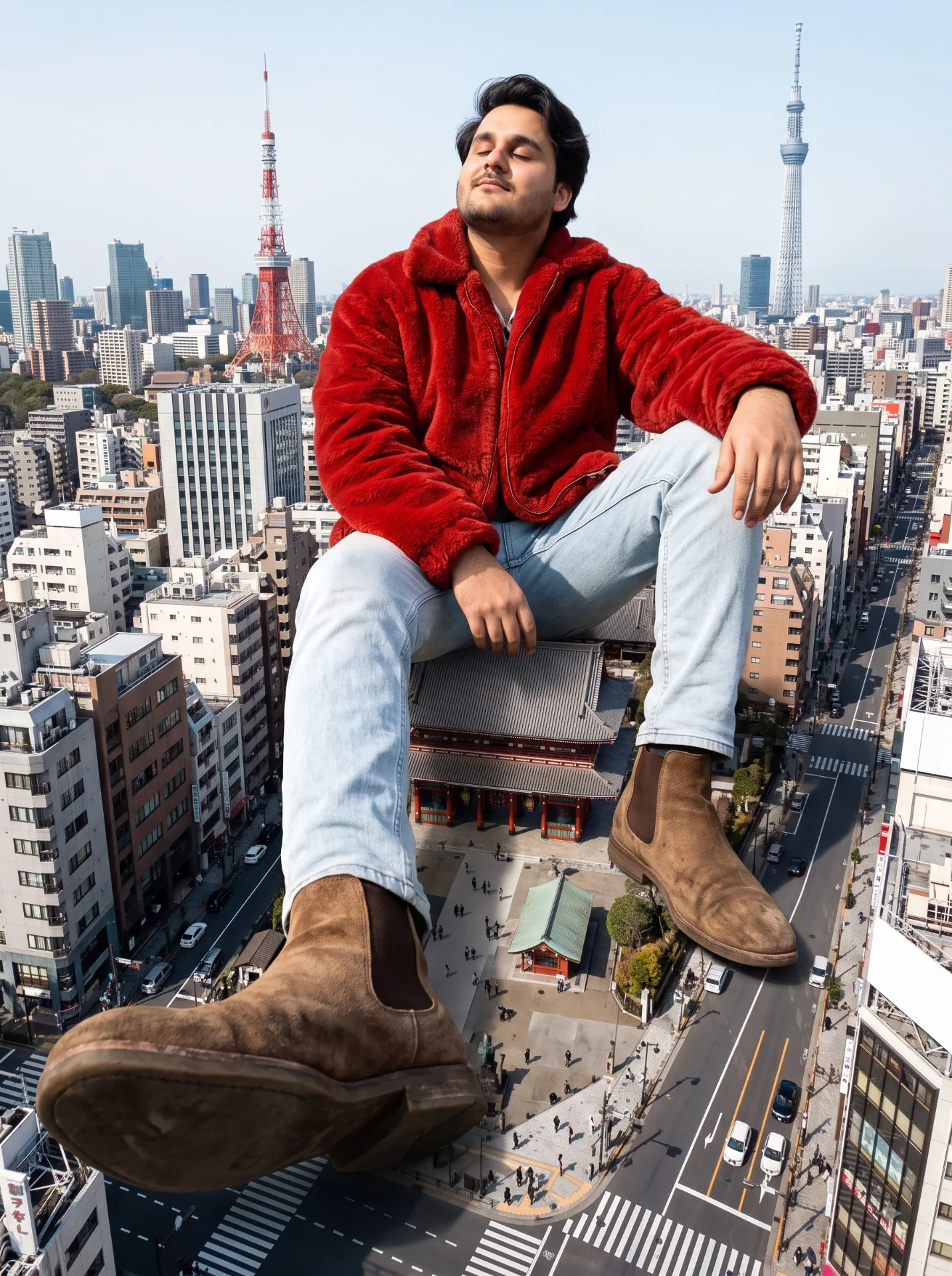 Epic ultra-wide full-body portrait, surreal photorealistic giant-scale fashion photography, cinematic urban fantasy editorial.