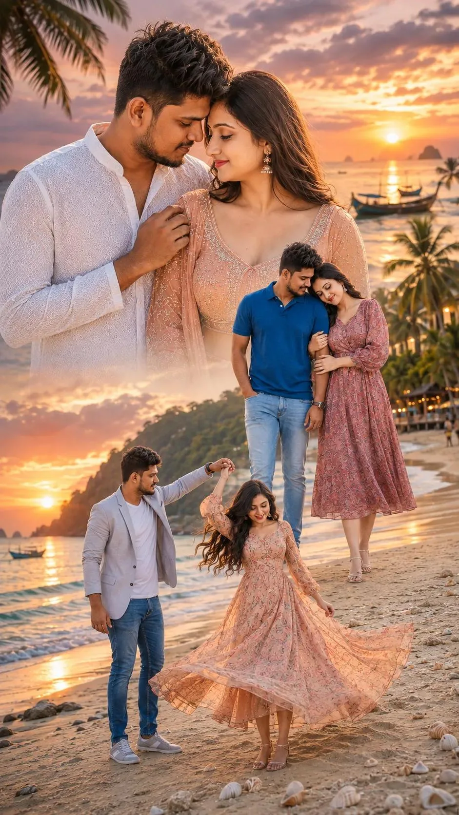 Photorealistic 9:16 multi-exposure composite of a South Asian couple on a tropical beach at sunset.