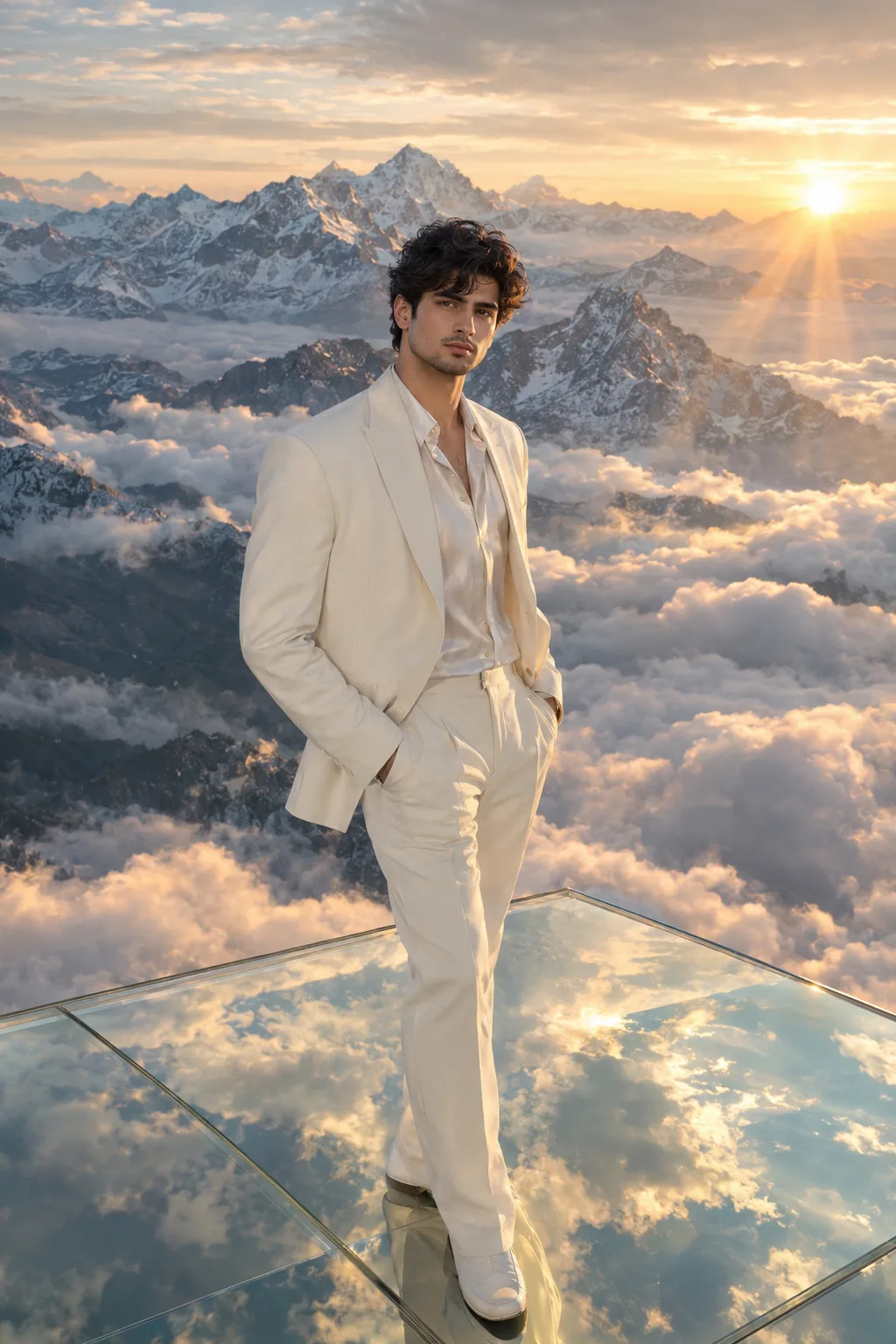 Prompt: Ultra-realistic cinematic luxury photograph of a strikingly handsome young man in his early 20s standing confidently on a