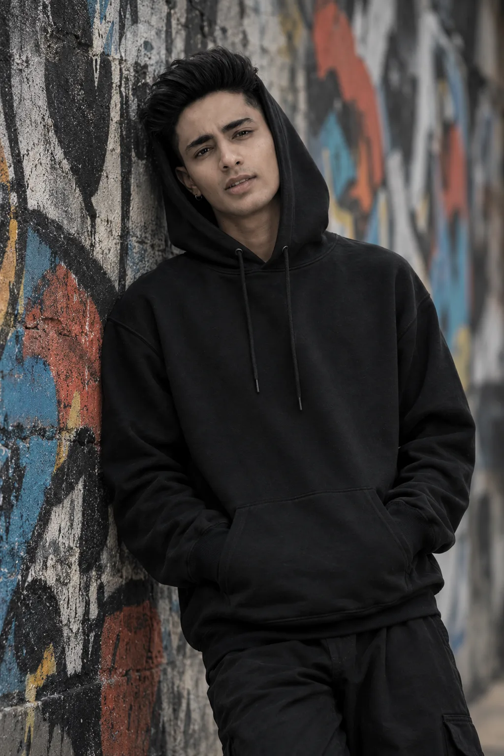 A medium shot of a young South Asian boy with a serious, contemplative expression, wearing a plain, oversized black pullover hoodie with