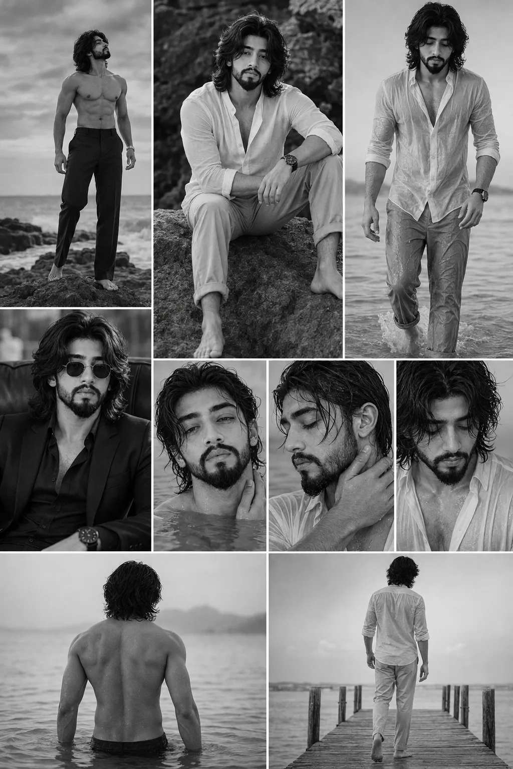 Zafar, generate a high-quality black and white photo collage featuring a series of detailed portraits of a single individual, preserving