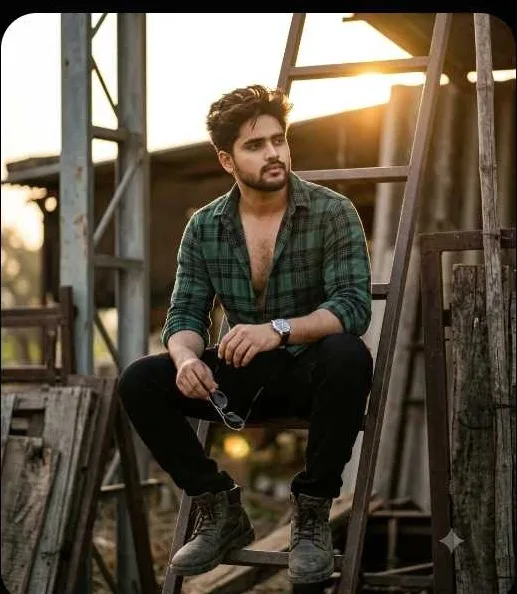 Cinematic portrait of a young Indian man with beard and messy hair, wearing open green check shirt, black pants and boots, sitting on a