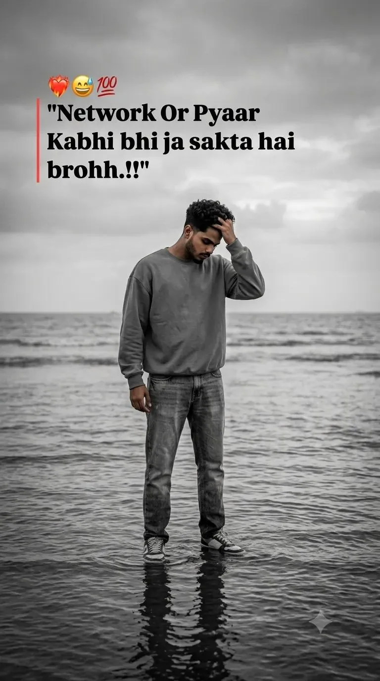 Ultra-realistic cinematic portrait, young South Asian man standing alone in knee-deep sea, holding his head, looking down.